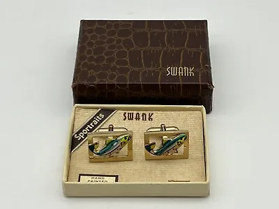 Vintage Swank Cufflinks Gold Tone Trout Fish Hand Enameled Cuff Links Orig Box • $22.50