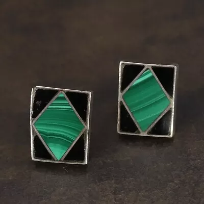 VTG Sterling Silver - MEXICO Onyx & Malachite Inlay Post Earrings - 4g • $14.50