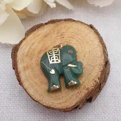 Vintage 14k 585 YG Green Jade Carved Elephant Pendant Weighs 4.6 Grams • $59.95