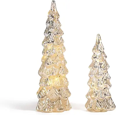 Mercury Glass Christmas Tree Figurines 2Pcs Lighted Set Of 2 Gold Trees • $61.94