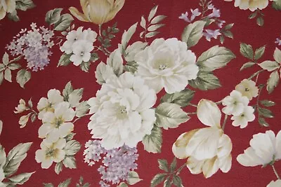 Fabric Remnant:Red Background W/ Cream Cabbage Roses & Sage Leaves Many Pieces • $29.95