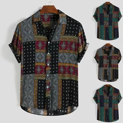 Men's Hippie Button Down Shirts Casual Short Sleeve Hawaiian Print Shirt Tops • $30.99