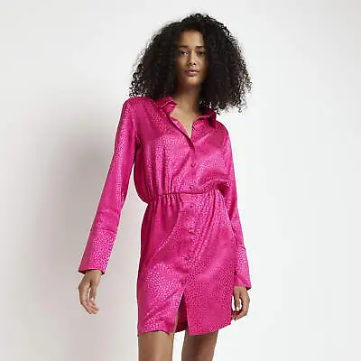 £7 • Buy River Island Womens Shirt Dress Pink Satin Spot Mini Stylish