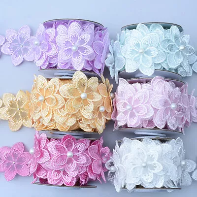 1Yard Flower Lace Trim Beaded Ribbon Embroidered Edge Sewing Wedding Decor DIY • $2.53