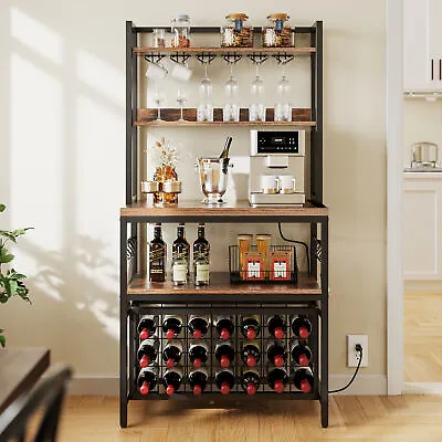 Wine Rack Table Bakers Rack  Freestanding Liquor Bottle Holder With Power Outlet • $89.09