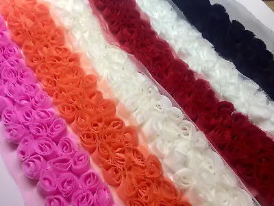 3 Row Rose Trimming - Rosette Flower Lace Fabric Trim - Bridal Net Tulle - By M • £3.50