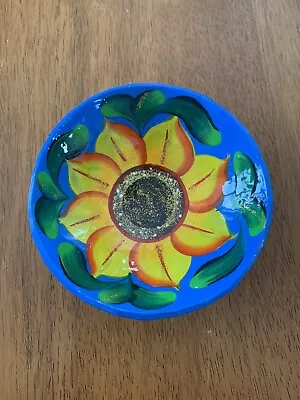 Bright Blue Mexican Folk Art Pottery Footed Bowl Talavera Hand Painted Flowers • $12.95