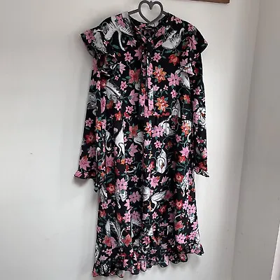 Monki Dress Size XS Swan Floral Pattern Long Sleeve Ruffle Hi Low Hem • $12.63