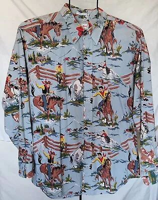 Vintage Nick And Nora 90s Pajama Top Western Cowboy Print ShirtSz Large  • $225