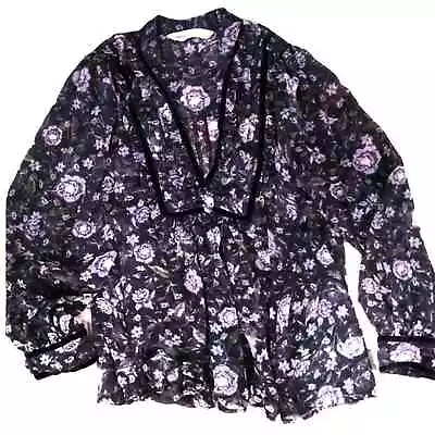 Zara Black & Pink Sheer Floral Blouse Velvet Trim XS • $12