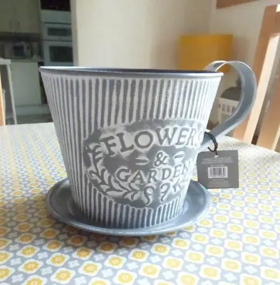 Light Metal Cup & Saucer Gray Planter/Pot Home Garden Plants Outdoor Pot • £12.85