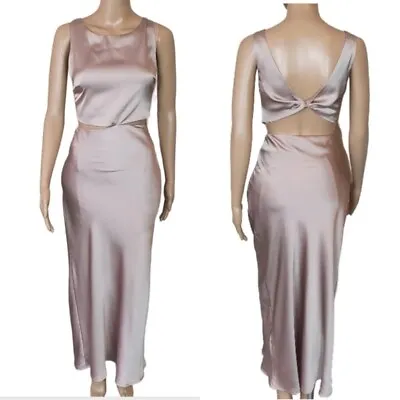  Slip Maxi Dress Silky Satin Valley Girl Champagne Sz 12 Cutout Openback $90 NEW • £31.80