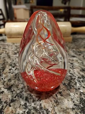 Large Paperweight 4.5  Egg Glass  Burnt Red Or Orange Swirls  • $20