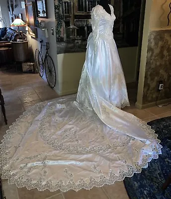 Stunning Mori Lee Satin Sequins White Wedding Gown Dress Size 8 Massive Train • $99.99