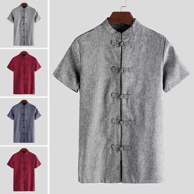 Men's Short Sleeve Chinese Mandarin Collar Tang Shirts Kung Fu Yoga Blouse Tops • $18