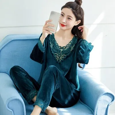 2Pcs Women Velvet Sleepwear Pajamas Sets Sweet Princess Nightwear Top+Pants • $43.98