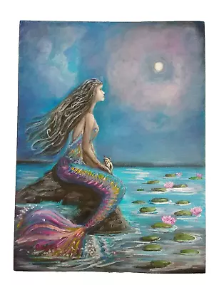 Original Acrylic Painting 9 X12  Canvas Mermaid  Moon Beach Wall  Art Decor • $70.99