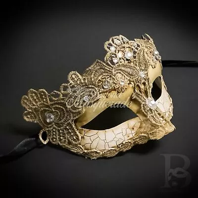 Venetian Mardi Gras Brocade Lace Masquerade Mask With Clear Rhinestones [Ivory] • $19.95