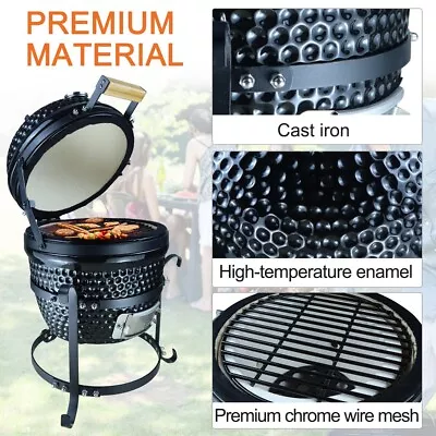 Outsunny Cast Iron Ceramic Kamado Charcoal BBQ Oven Black Thermometer Garden • £170.95