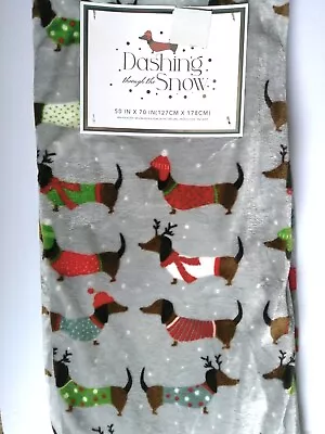 NWT Dachshund Gray 50 X 70  Fringed Throw Blanket Christmas Winter Snow Pet Dog • $31.50