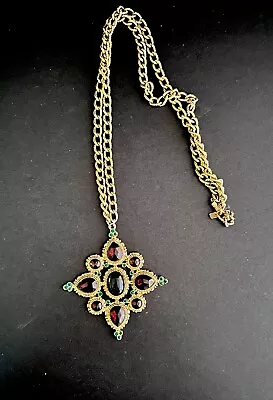 Vintage 1928 Jeweled Gold Tone Pendant Mughal Style Long Chain • $125