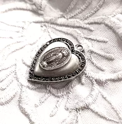 Vintage Estate Sterling Silver Marcasite Mother Of Pearl Heart Miraculous Medal • $19.50