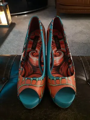 £9.99 • Buy Ladies Quirky High Heel Shoes By Iron Fist Turquoise/Orange Size 6
