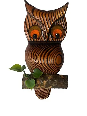 Mid Century Modern Carved Wooden Owl On A Branch Big Eyes Orange • $19.32