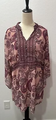 MainStreet Blues Womens Size L Pink/Purple Paisley V-Neck Top Elbow Sleeve • $14