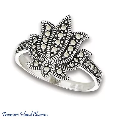 Lotus Flower With Marcasite 925 Solid Sterling Silver Ring Size 6 7 8 9 10 Yoga • $24.95