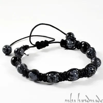 Men's Snowflake Obsidian & Onyx Authentic Gemstones Beaded Shamballa Bracelet • $26