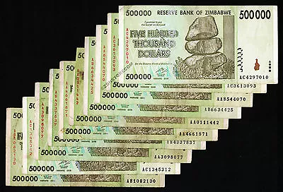 500000 Zimbabwe Dollars X 10 Banknotes 2008 10PCS Currency 100% Authentic + COA • $37.92