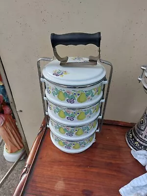 Vintage Tiffin 4 Tier Enamel Floral  Carrier  Box Lunch Box • $75