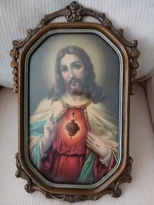 Sacred Heart Of Jesus Picture In Vintage/Antique Wood Frame Appr 17” X 21” • $89