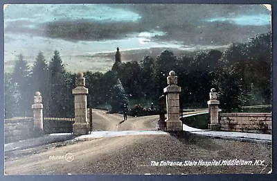 Postcard Middletown NY - State Hospital Entrance Gate Moonlit Night • $7