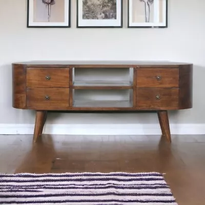 Mid Century Modern Curved TV Stand Entertainment Unit With 4 Drawers Mango Wood • $429.99