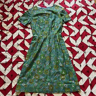 Vintage Green Floral Dress As Is Worn Flaws Women’s 50s 60s • $13