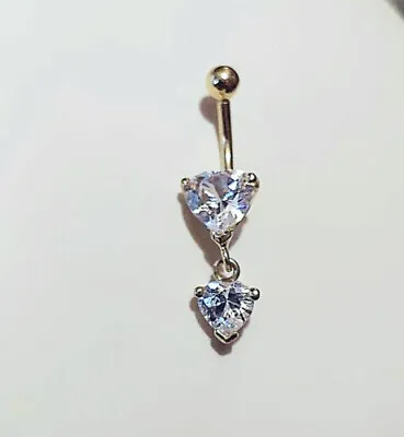 9k 9ct Yellow Gold Double Crystal Heart Belly Bar • £99