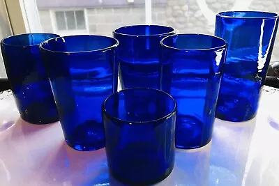 Mexican Cobalt Blue Drinking Glass Recycled Hand Blown Mix Design Set Of 6 • $59.99