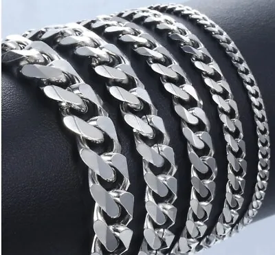 18-90cm Stainless Steel Silver Curb Link Chain Bracelet Necklace 10/8/6/4/3mm C5 • £3.29