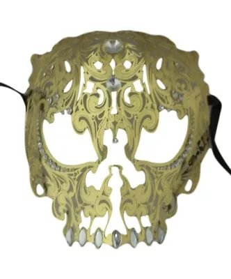 Gold Skull Metal Laser Cut Masquerade Prom Mask Clear Crystals • $25.99