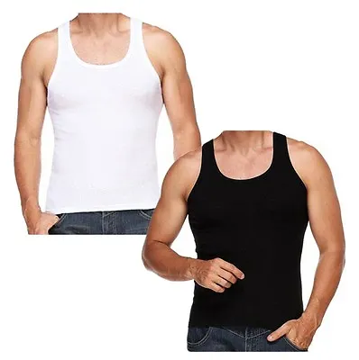 FINE-RIB Fitted Slim Fit Athletic Muscle Tank Top Ribbed Vest 100% Cotton • £11.95