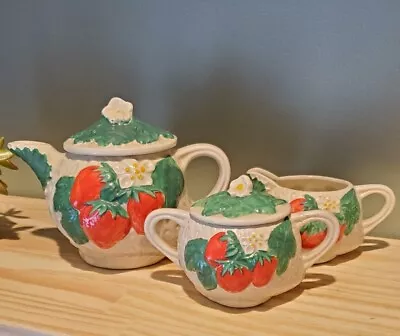 Vintage Handmade Painted Strawberry Teapot Sugar Creamer Dispenser Set MCM Gift • $52.49