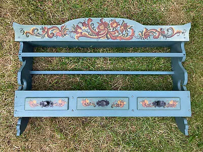 HANDCRAFTED VINTAGE Scandinavian Rosemaling Wooden Wall Shelf Plate Rack Canal • £139.99