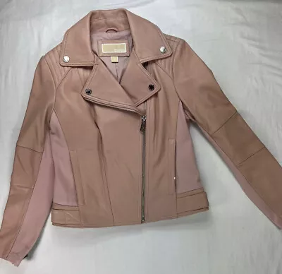 Michael Kors Moto Jacket Women's Small Pink Leather Lined Pockets Buckle Collar • $55.99