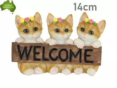 14cm Cats Flowers Holding Welcome Sign Ornament Statue Figurine Garden Sculpture • $22.99