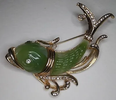 Vintage Unsigned HATTIE CARNEGIE Rhinestone & Faux JADE FISH KOI Pin Brooch • $199