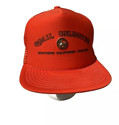 RARE VINTAGE 1980s QUAIL UNLIMITED Orange Trucker Cap Hat With Rope & Pin • $20