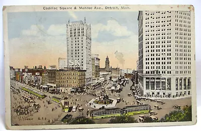 1924 Postcard Cadillac Square & Monroe Ave Detroit Mi Trolleys • $0.99