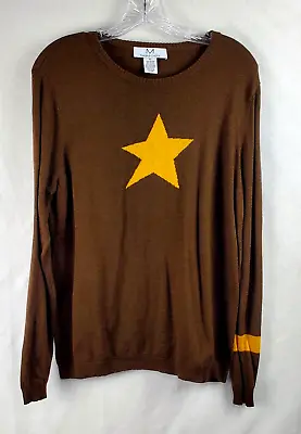 EUC! Magaschoni Brown Sweater Gold Star Crew Neck Cashmere Blend Sz XL B7 • $19.99